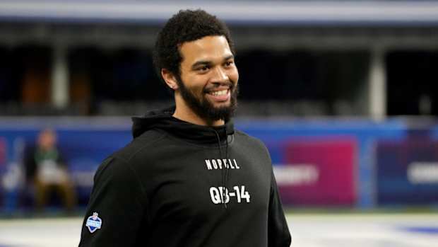 Mar 2, 2024; Indianapolis, IN, USA; Southern California quarterback Caleb Williams (QB14) during the 2024 NFL Combine at Lucas Oil Stadium.